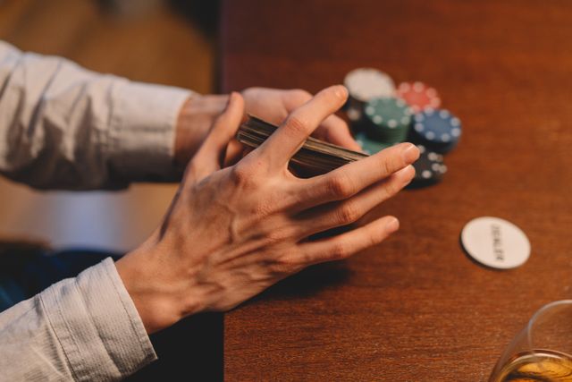 Ruke drže špil karata pored šarenih poker žetona na stolu